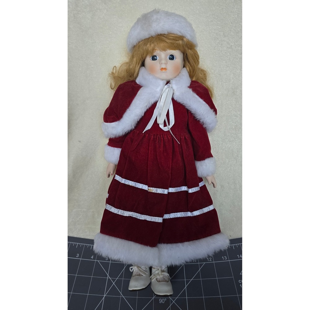 Vintage Porcelain Doll Burgundy Velvet Winter Outfit Faux Fur Trim 14 inch